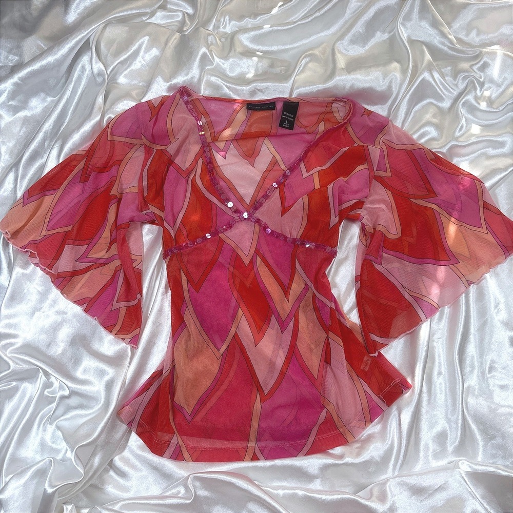 y2k Mesh Blouse Pink Excellent Sequin V-Neck Bell Sleeve Abstract Print Top